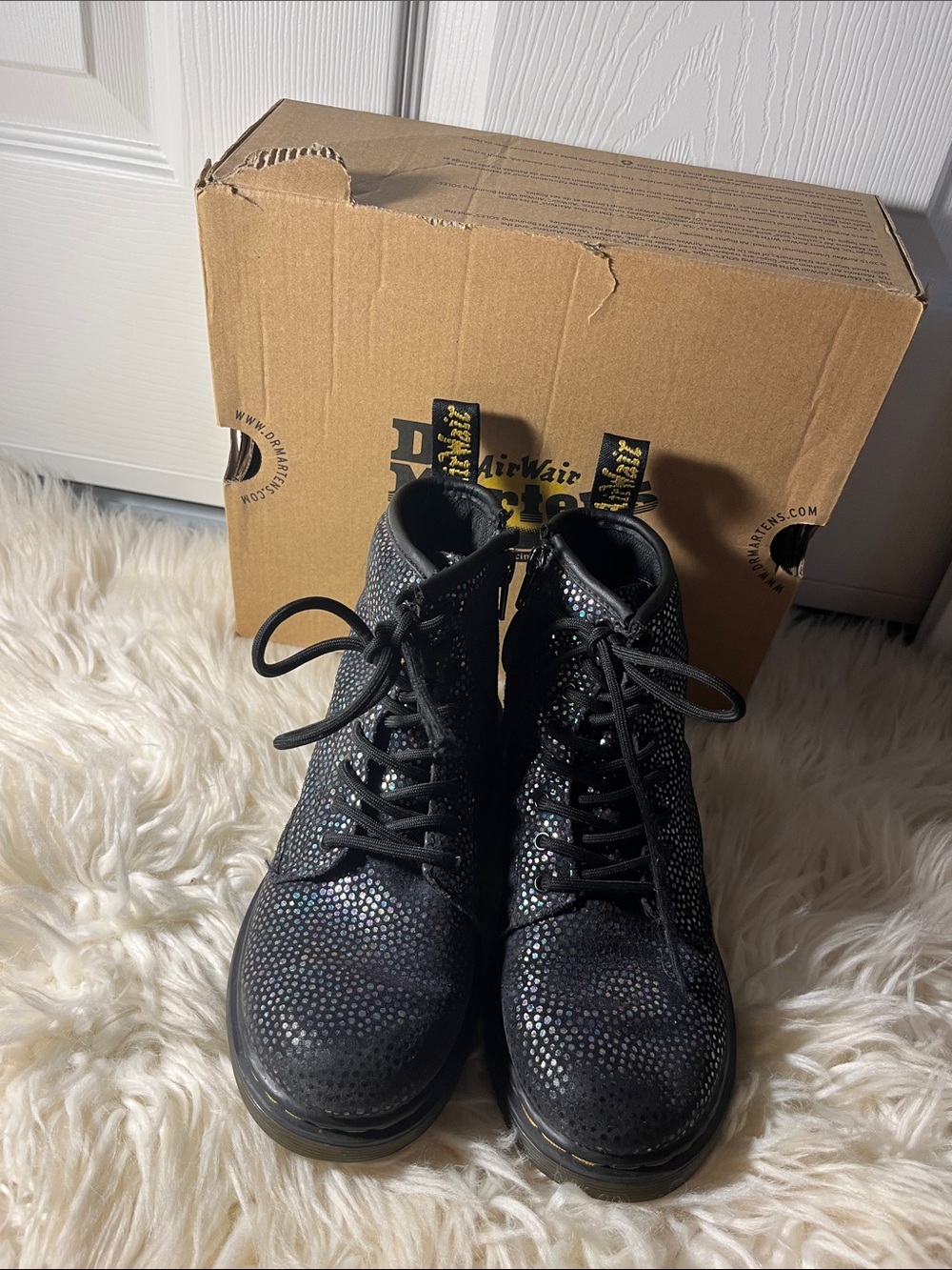 Girls size 3 Dr. Martens Black Iridescent Lace-Up Combat Boots